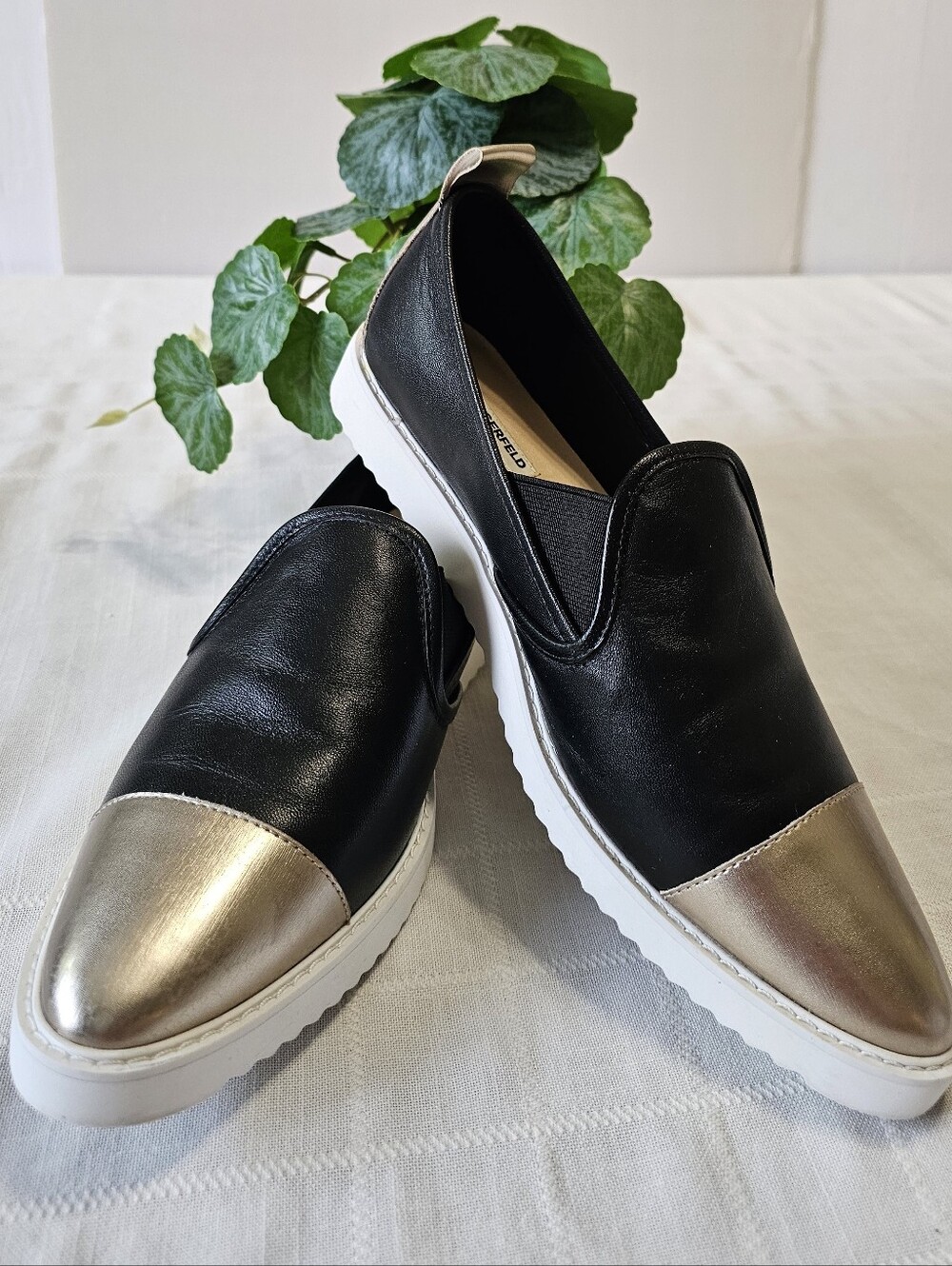 Karl Lagerfeld Black Slip-On Sneakers with Gold Toe - Size 9M